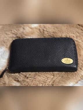 Fendi Black Pebbled Leather Zip Around Trifold Wallet with Gold Plaque